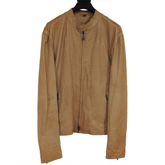 Armani Collezioni Mens Motorcycle Leather Jacket XL 42Light Brown Tan Zip Up
